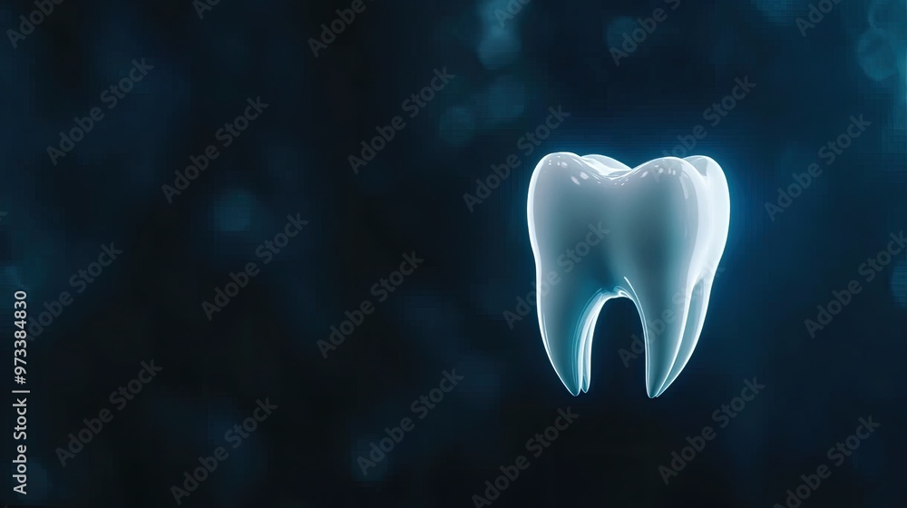 Poster a close-up view of a tooth-shaped object made from transparent glass, glowing with blue light, set a