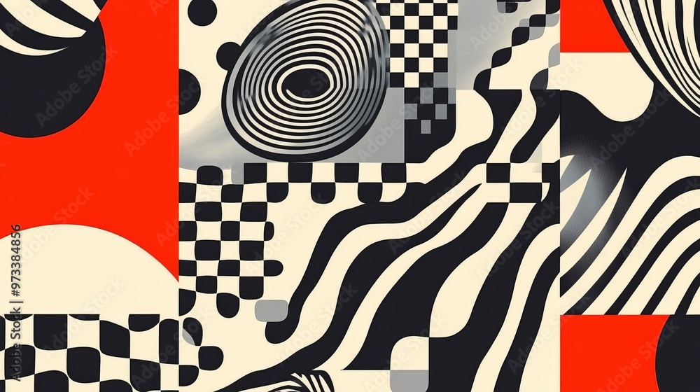 Poster brutalist geometric shapes, modern symbols. groovy checkered pattern, distorted tiled grid. simple e
