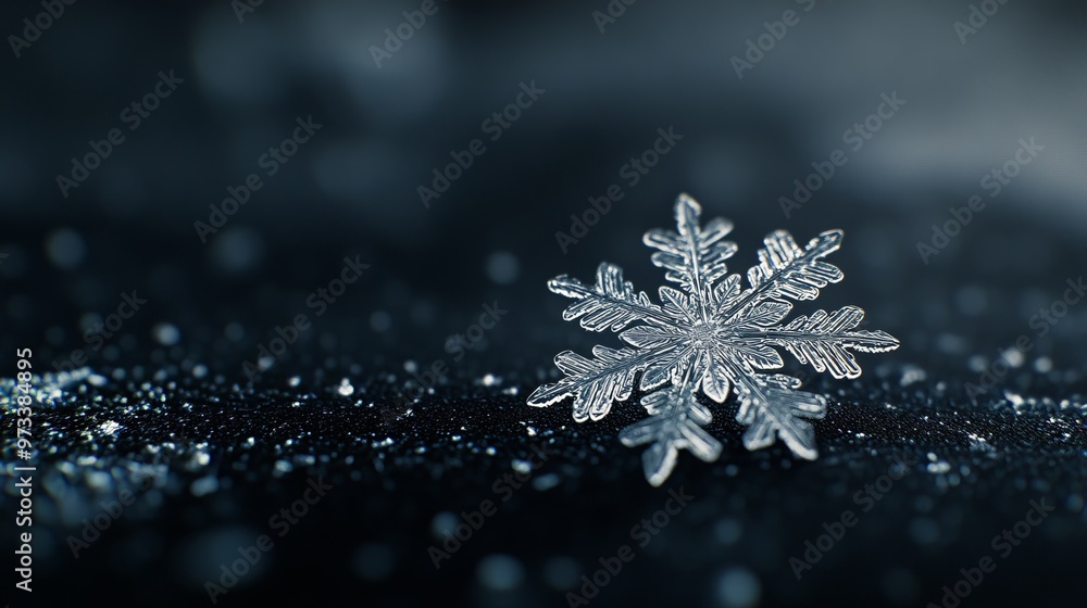 Poster minimalist close-up of a single snowflake on a dark surface, with intricate details and soft shadows