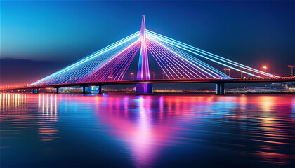 大きな橋がネオンライトでライトアップされ、川面に光が反射するシーン。