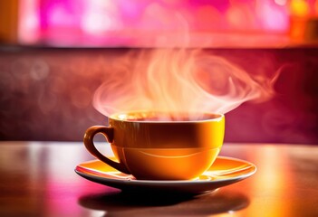 Obraz premium inviting coffee cup steam rising colorful vibrant background creating warm atmosphere, hot, beverage, drink, aroma, ceramic, brew, espresso, latte, mocha
