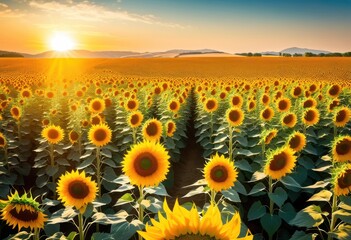 Obraz premium vibrant sunflower field bathed bright showcasing golden blooms clear blue sky, agriculture, blossoms, blooming, botanical, countryside, color, colorful