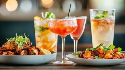 Modern Gastronomy Delight: Stylish Dining Setup with Signature Cocktails and Artfully Presented Dishes, Copy Space Available for Text
