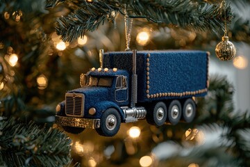 A festive blue truck ornament hanging from a decorated Christmas tree surrounded by warm twinkling lights and holiday cheer