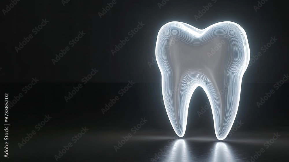 Aufkleber a close-up view of a tooth-shaped object made from transparent glass, glowing with blue light, set a