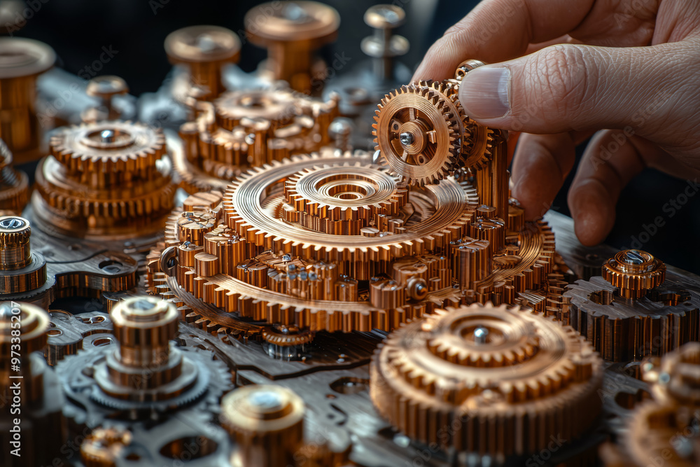 Canvas Prints a person using a set of unique wooden gears to create a functional machine, demonstrating inventive 