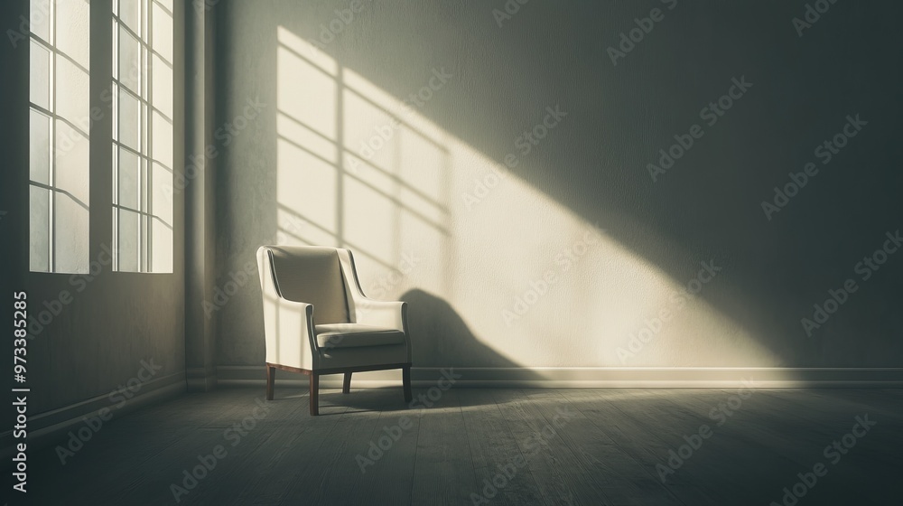 Aufkleber minimalist scene of a single chair in an empty room, with soft light from a nearby window creating a