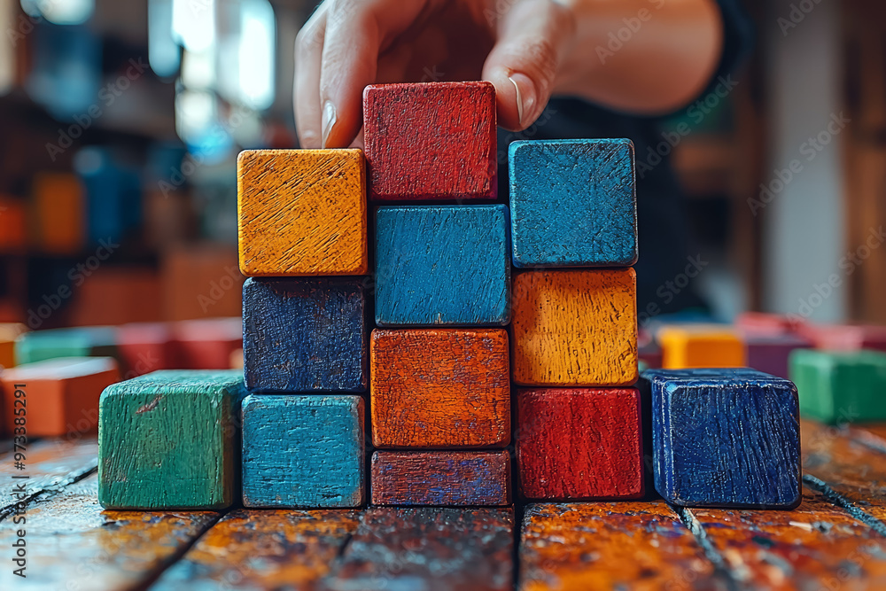 Poster a person strategically rearranging colorful wooden blocks to create a stable structure, symbolizing 