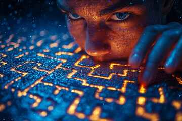 A person solving a 3D labyrinth puzzle, showcasing spatial reasoning and unconventional problem-solving techniques. Concept of cognitive skills and creativity.