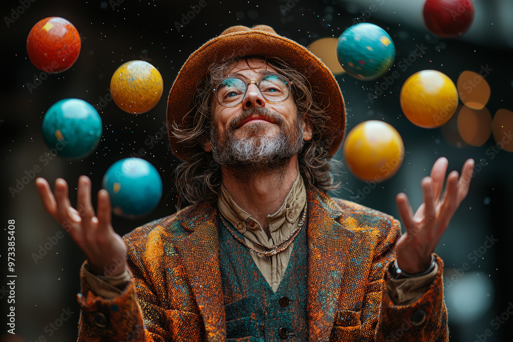 Poster a performer using juggling balls to represent problem-solving in a dynamic and engaging way. concept