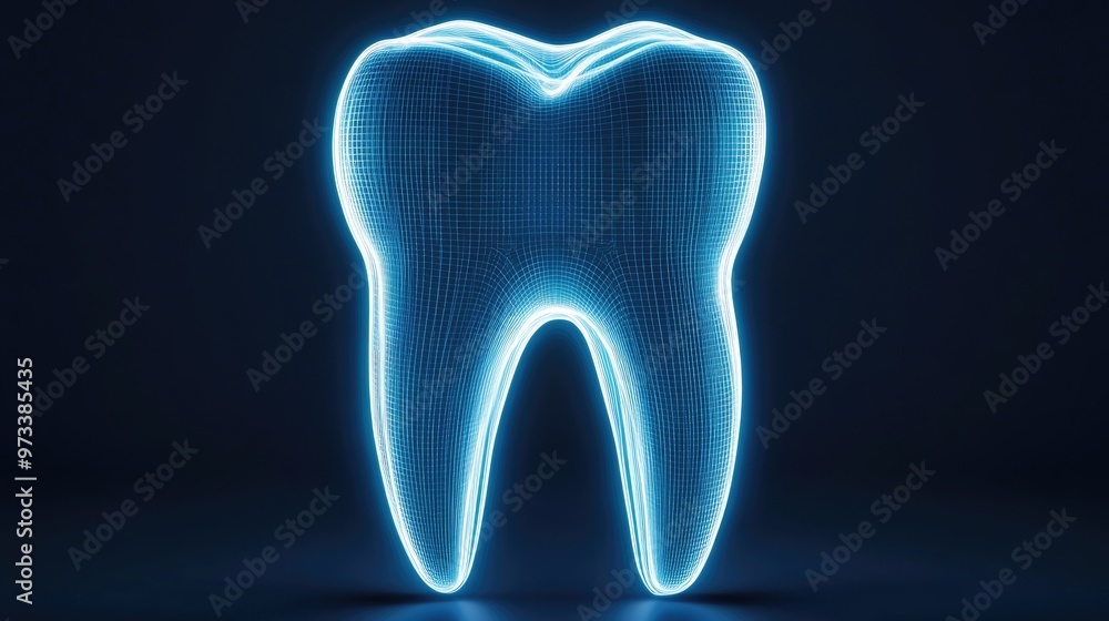 Poster a close-up view of a tooth-shaped object made from transparent glass, glowing with blue light, set a