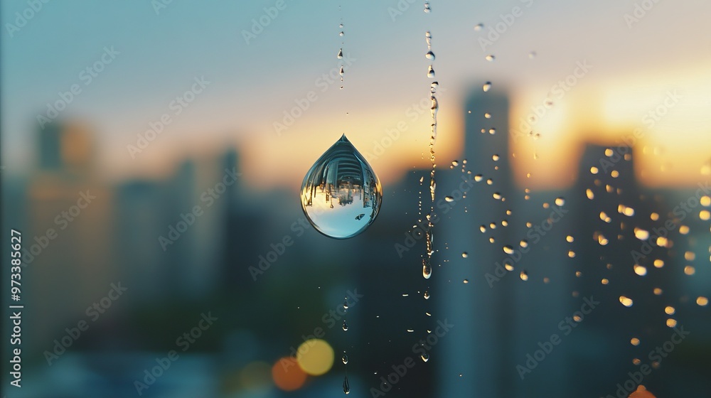 Poster minimalist shot of a single raindrop on a window with soft focus and a blurred cityscape in the back