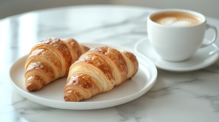 A modern breakfast scene displaying two croissants and a cup of coffee on a white plate, set on a marble table, conveying a sense of luxury and simplicity.