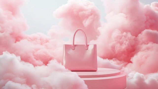 A pink tote bag on a round base with a light pink pastel background.