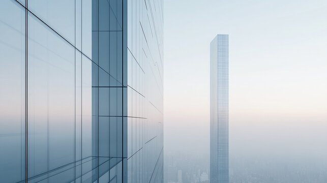 Minimalist cityscape with just one skyscraper standing tall against a pale sky, clean lines and subtle reflections on glass windows, capturing urban simplicity, 4K hyperrealistic photo.