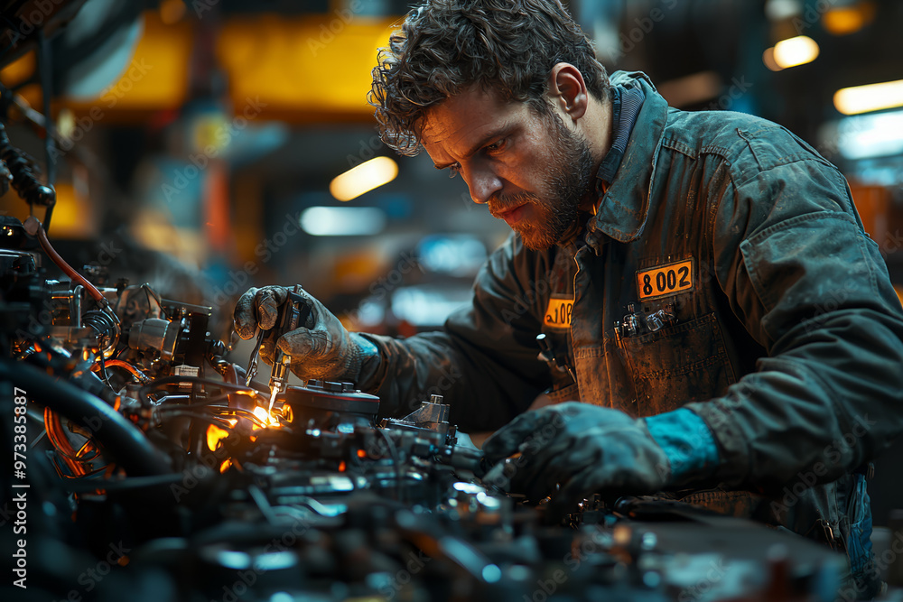 Poster a mechanic solving a complex engine issue using non-traditional tools and techniques, showcasing inv