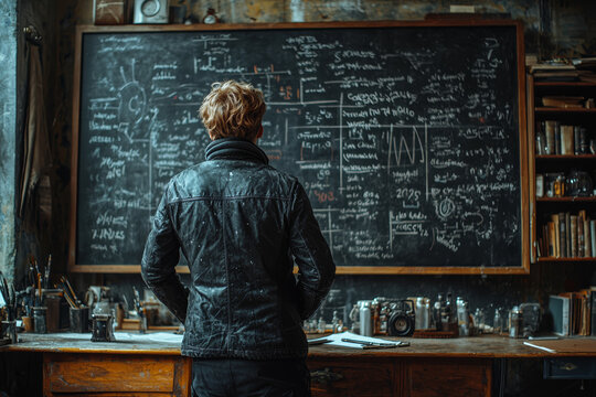 A mathematician working on advanced calculus problems, with formulas and equations covering the chalkboard. Concept of mathematical intelligence and problem-solving.