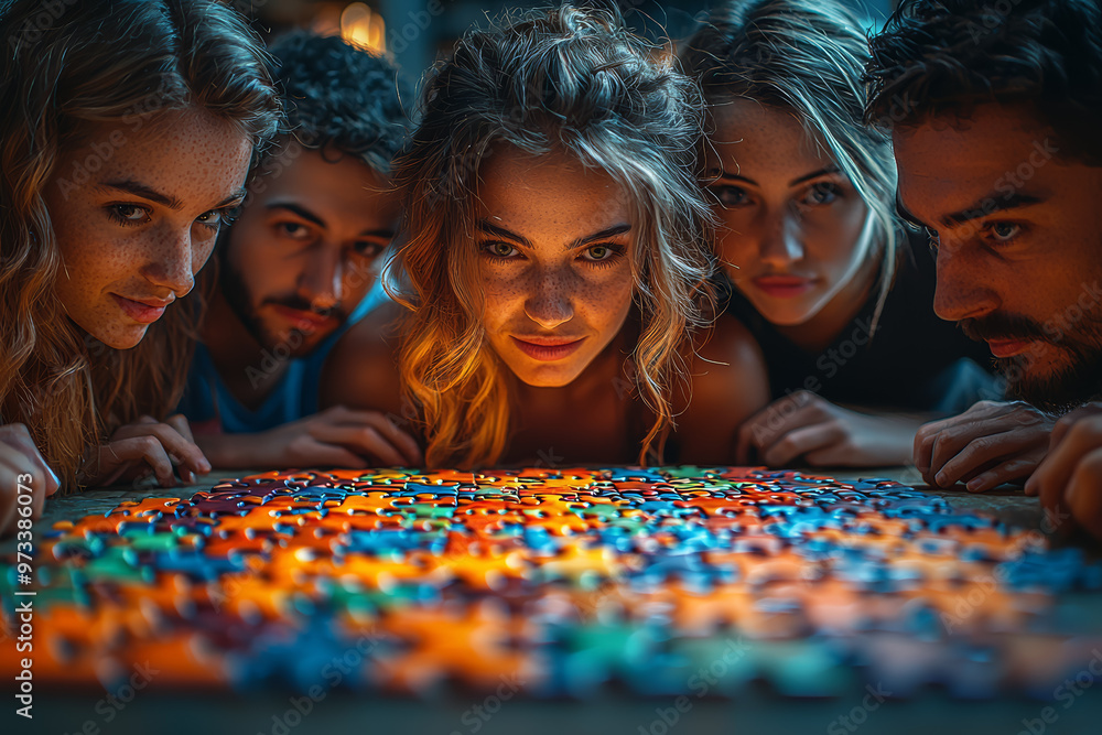 Poster a group of people participating in a cooperative puzzle-solving activity, finding creative ways to f