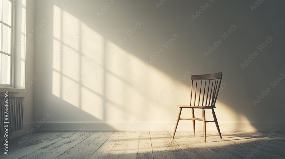 Poster minimalist scene of a single chair in an empty room, with soft light from a nearby window creating a