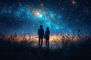 A duo sharing a heartfelt moment under a starlit sky, capturing their deep connection in a tranquil atmosphere. Concept of romance and serenity.