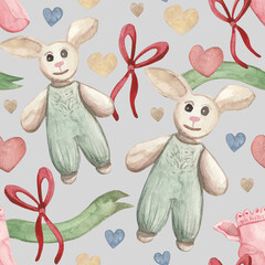 A seamless watercolor pattern featuring adorable bunny plush toys in mint green overalls, surrounded by hearts, bows, and decorative ribbons. 