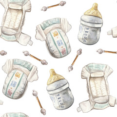 A seamless watercolor pattern featuring essential baby items: disposable diapers, baby bottles, and cotton swabs on a dark background. This charming and practical design is perfect for baby products,