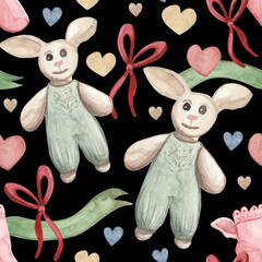 A seamless watercolor pattern featuring adorable bunny plush toys in mint green overalls, surrounded by hearts, bows, and decorative ribbons. 