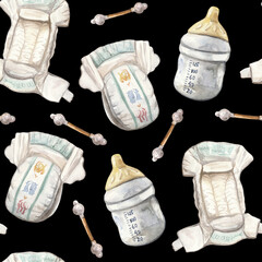A seamless watercolor pattern featuring essential baby items: disposable diapers, baby bottles, and cotton swabs on a dark background. This charming and practical design is perfect for baby products,