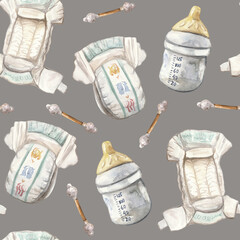 A seamless watercolor pattern featuring essential baby items: disposable diapers, baby bottles, and cotton swabs on a dark background. This charming and practical design is perfect for baby products,
