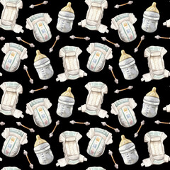 A seamless watercolor pattern featuring essential baby items: disposable diapers, baby bottles, and cotton swabs on a dark background. This charming and practical design is perfect for baby products
