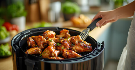 Naklejka premium A woman is cooking chicken wings in a pan