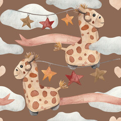 This playful watercolor pattern features adorable giraffe ride-on toys surrounded by hanging stars and soft clouds. Perfect for children's products, baby showers, or nursery decorations.