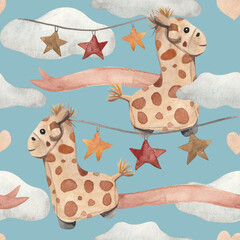 This playful watercolor pattern features adorable giraffe ride-on toys. Perfect for children's products, baby showers, or nursery decorations.