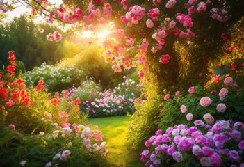 vibrant floral frame encircling serene garden scene lush colorful tranquil nature elements, aesthetic, blooms, botanical, bright, cheerful, colors