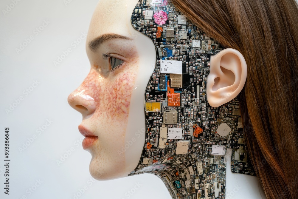 Poster robotic interface quantum entanglement robotic arm silicon chip and autonomous system woman with hal