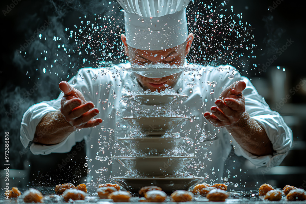 Poster a chef stacking various sized kitchen utensils in a precarious balance, solving culinary challenges 