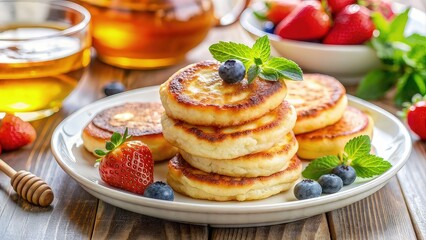 Pancakes with fresh strawberry, blueberry fruit vanilla ice cream scoop whip cream pour delicious sweet dessert on plate wooden table background
