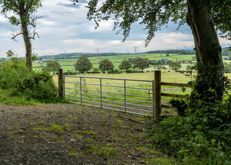 Metal farm gate access to grass field with rolling farmland and forest plantation