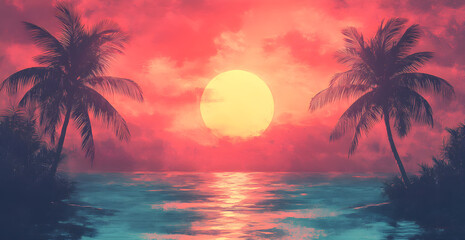 A painting of a sunset with a large sun and palm trees in the background