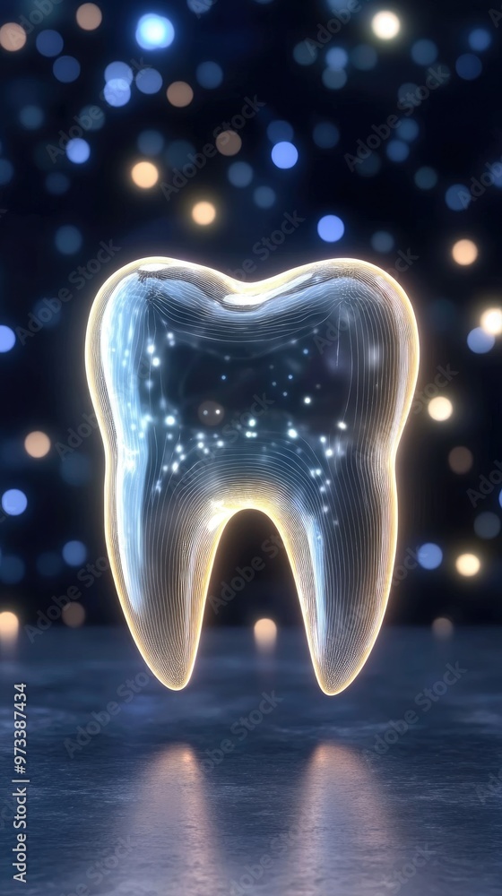 Aufkleber a close-up view of a tooth-shaped object made from transparent glass, glowing with blue light, set a
