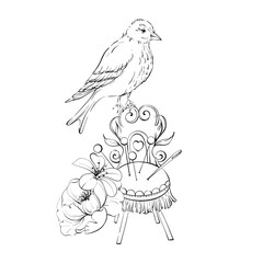 Vintage bird and pincushion, pins, buttons, with romantic flowers. Tailoring and Fashion Design for logo, postcards, fabric. Dressmaker production for fashion in retro style, handwork. Graphic vector