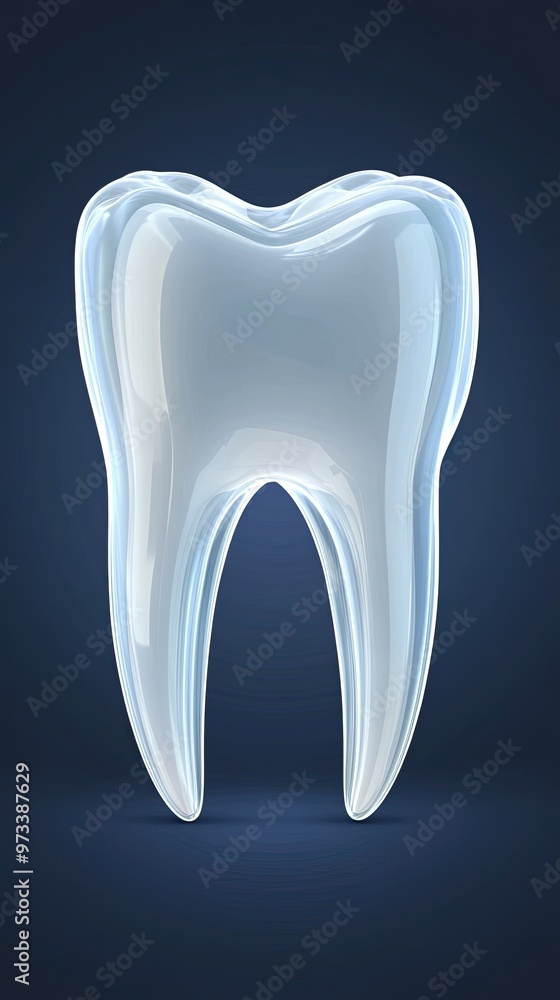 Aufkleber a close-up view of a tooth-shaped object made from transparent glass, glowing with blue light, set a