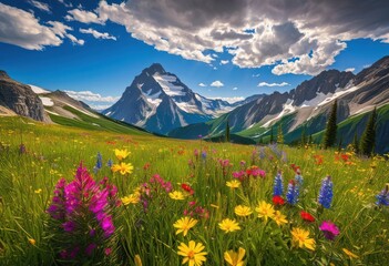 breathtaking mountain vista showcasing vibrant display colorful wildflowers full bloom under clear blue sky, alpine, beauty, botanical, composition, contrast
