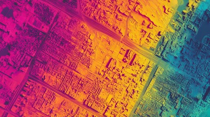 Fototapeta premium Heatmap of urban heat islands in a city, with vibrant colors showing areas of higher temperatures due to concrete and asphalt, cooler tones in green spaces. 4K hyperrealistic photo.