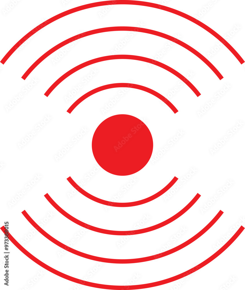 Poster abstract red symbol representing broadcasting signal waves spreading from a red dot on a white backg