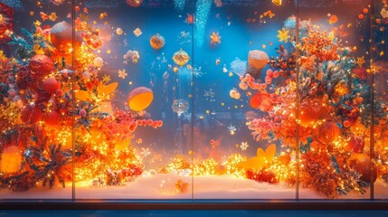 Heatmap of a festive holiday window display, with warm colors highlighting the most eye-catching elements and cooler blues in the background. 4K hyperrealistic photo.