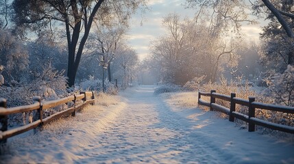 Snow-covered trail leading through a quiet neighborhood park, with frosty trees and a peaceful winter atmosphere. 4K hyperrealistic photo.