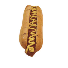big juicy hot dog covered in mustard