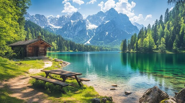 Breathtaking view of Fusine lake with Mangart peak on background. Popular travel destination of Mediterranean sea. Location: Tarvisio comune , spring