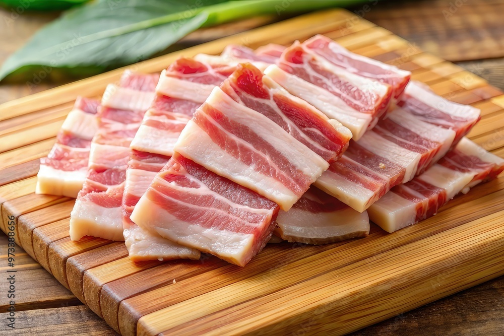 Wall mural fresh raw bacon isolated on white background